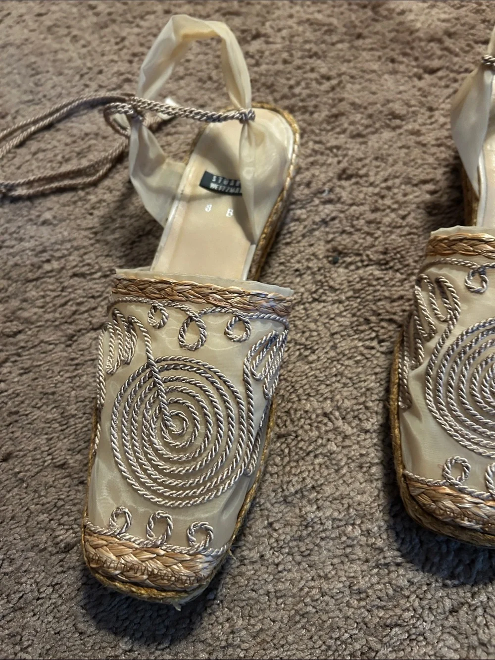 Stuart Weitzman Cream Embroidered Lace-Up Espadrilles